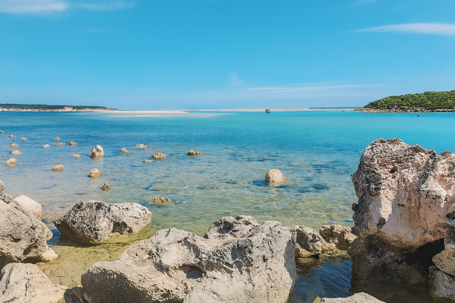 Clear blue water and limestone rocks at the mouth of the Glenelg River.